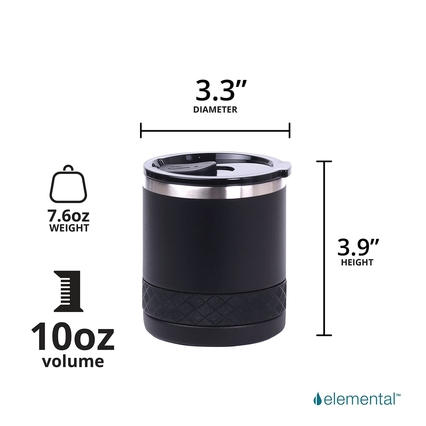 Elemental Recess Lowball Tumbler, 10oz Triple Wall Stainless Steel Cup with Non-Shattered Tritan Lid, Insulated Whiskey Glass, Insulated Coffee Tumbler Mug for Hot & Cold Drinks - Black