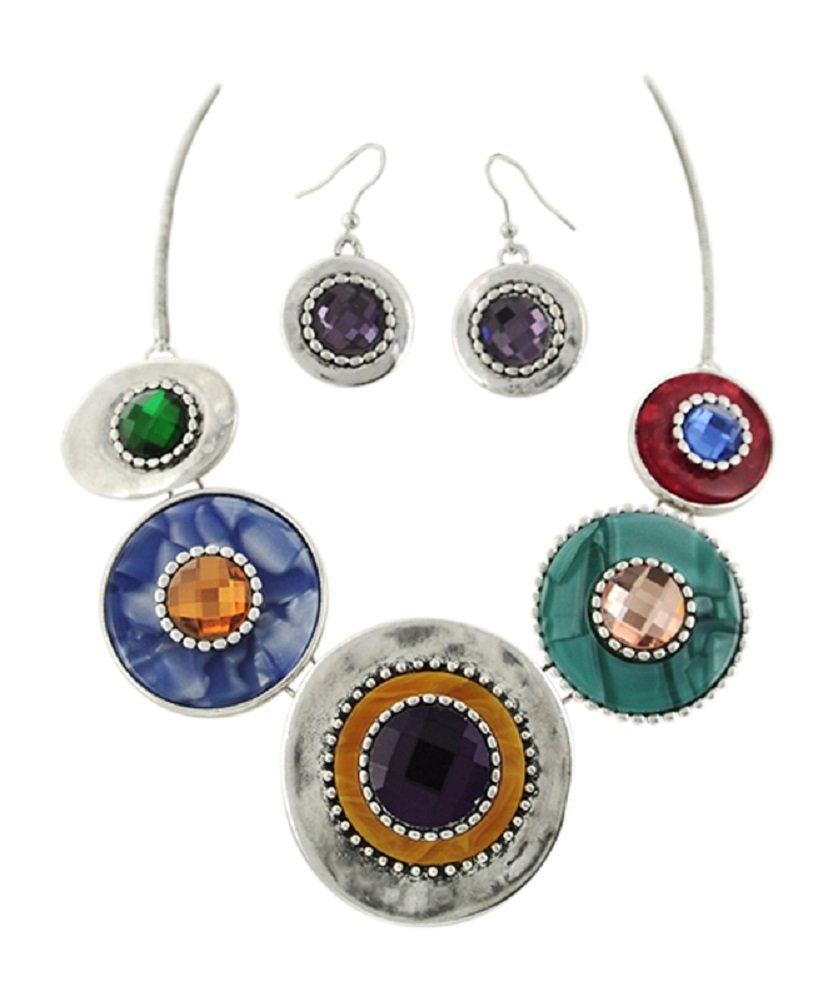 2Chique Boutique Women's Multicolored Acrylic & Glass Statement Necklace & Earring Set (Multicolor Silver)