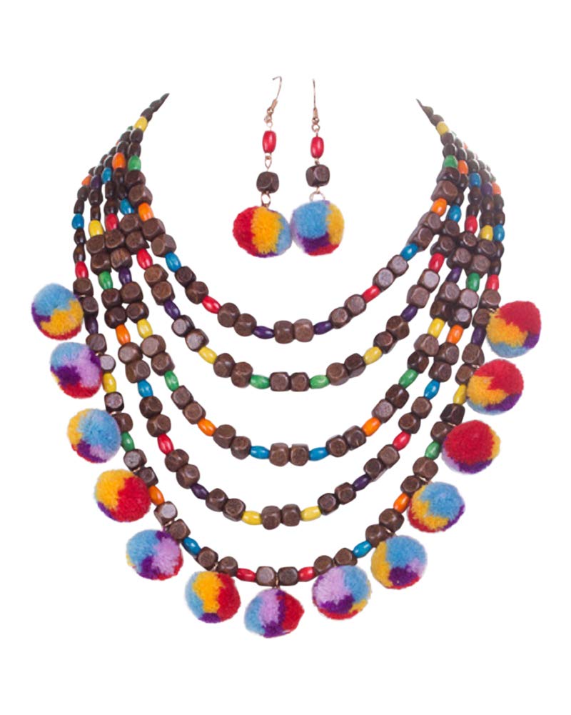 2Chique Boutique Women's Multi Color Thread Wood Multi Strand Statement Necklace Set