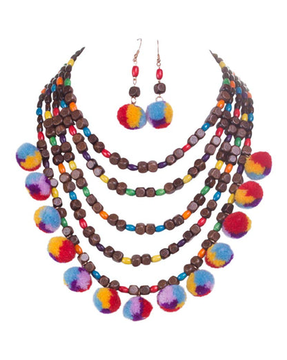 2Chique Boutique Women's Multi Color Thread Wood Multi Strand Statement Necklace Set