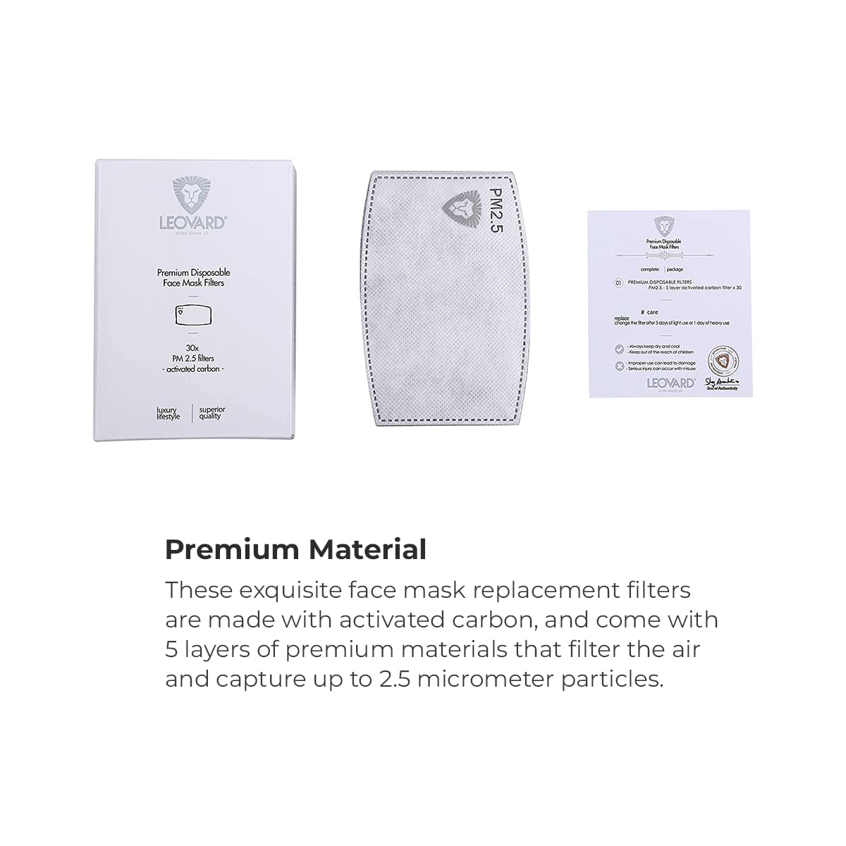 Leovard Face Mask Filters - 30 Premium PM2.5 Activated Carbon Filter - 5 Layered Replacement. Designed in USA