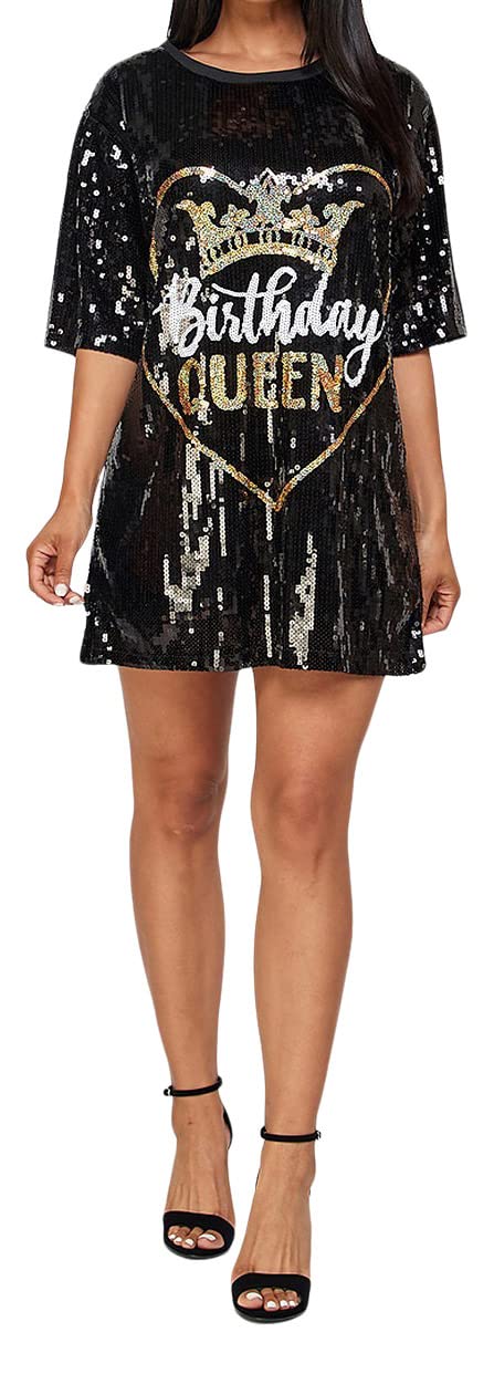 2Chique Boutique Women's Sequin T Shirt Dress Birthday Queen with Heart One Size Fits All