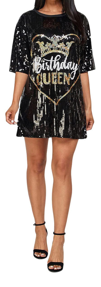 2Chique Boutique Women's Sequin T Shirt Dress Birthday Queen with Heart One Size Fits All