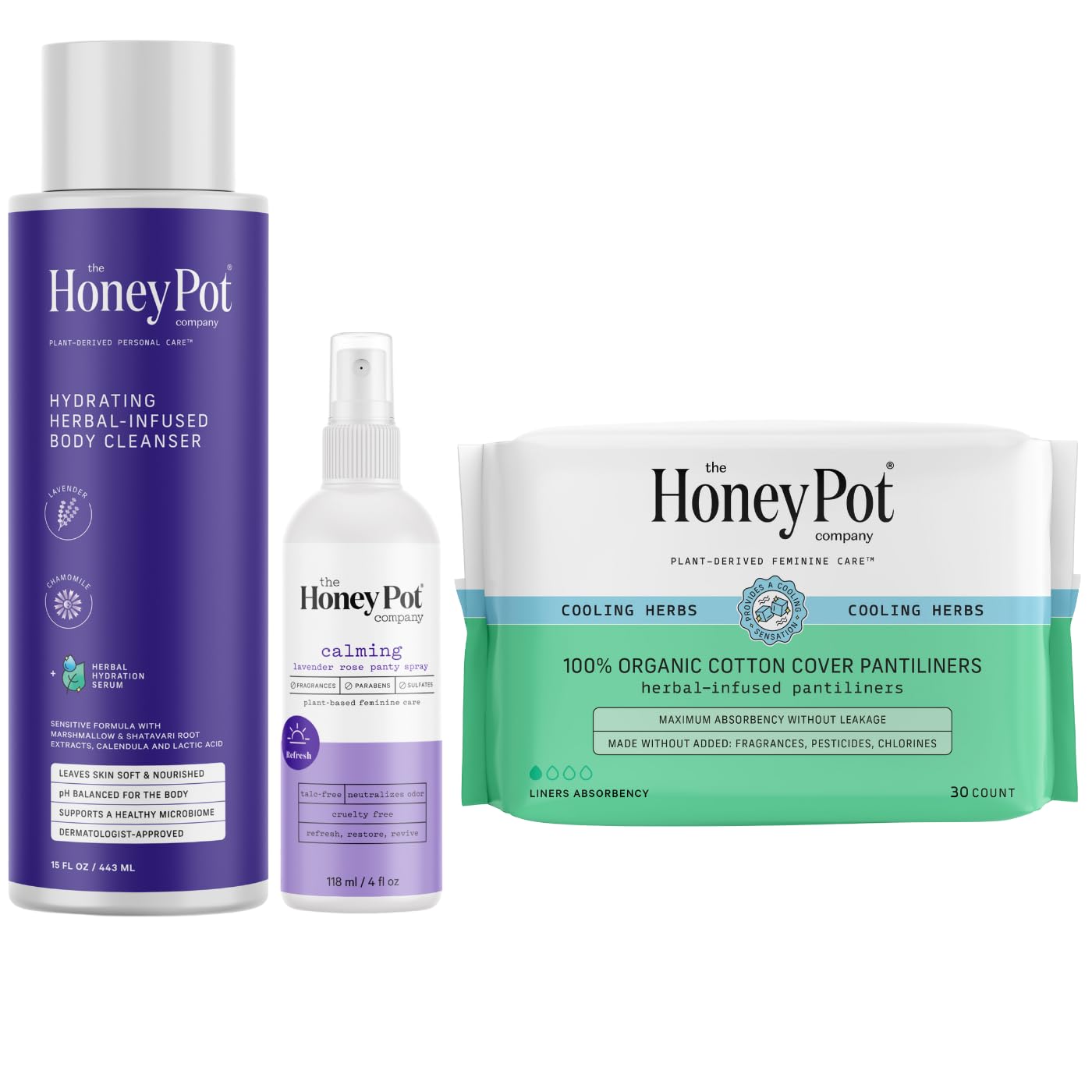 The Honey Pot Company - Lavender Bundle - Lavender Body Cleanser to Moisturize & Cleanse Skin, Refreshing & Restorative Panty Spray, & Everday Liners Infused w/Essential Oils for Cooling Effect - FSA