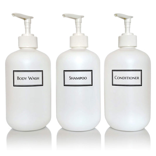 Artanis Home Silkscreened Empty Shower Bottle Set for Shampoo, Conditioner, and Body Wash, Squat 16 oz 3-Pack, White