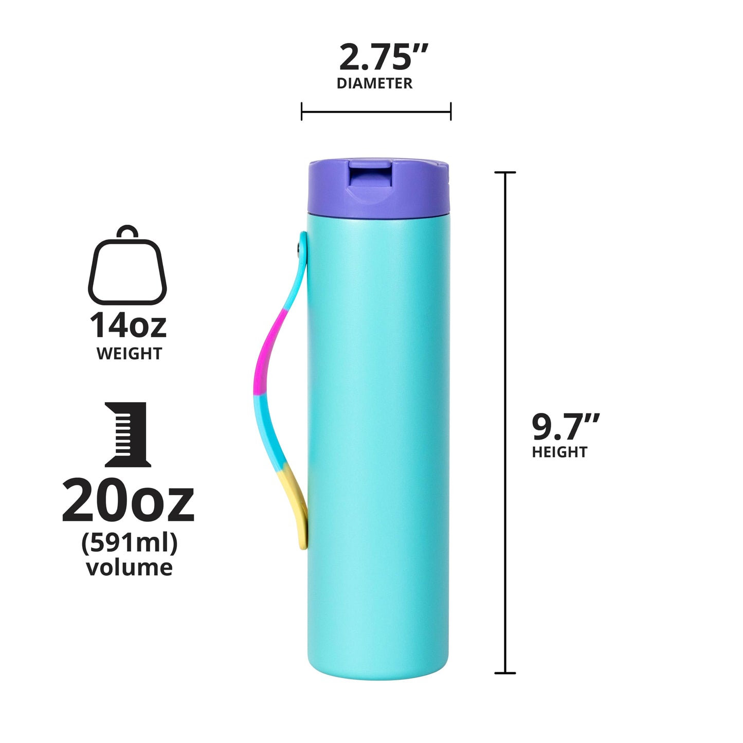 Elemental Iconic Stainless Steel Water Bottle with Straw - 20 oz Leak Proof Triple Wall Insulated Water Bottles for Travel and Sports - Reusable Gym Water Bottle with 2 Straws - Blue Tie Dye