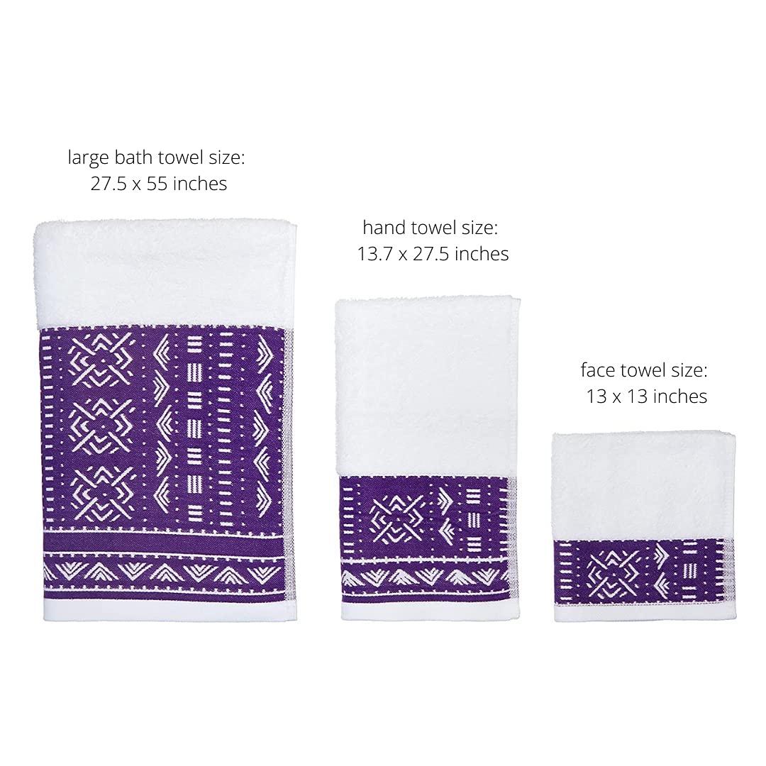 Eclipse Home OBI-Royal Purple Bathroom Towel Set - Pure Cotton Bath Towels - Soft, Fluffy Super Absorbent Cloths for Shower, Beach - African Mud Cloth Patterned - Set of 3 Luxury Bathroom Towels