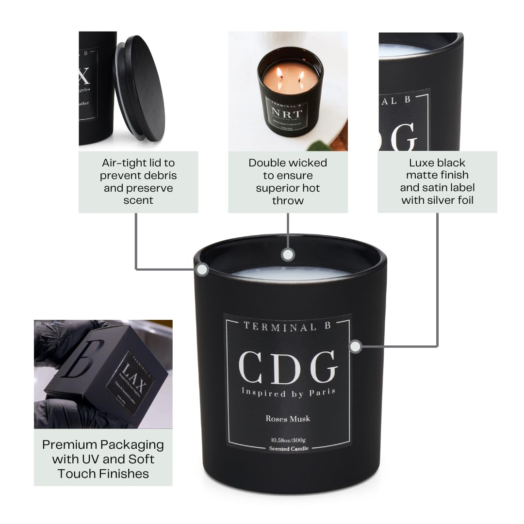 TERMINAL B Luxury Scented Candle, CDG - Paris: Roses Musk, Travel Inspired Airport Coded Candle, 10.58 oz, 60 Hour Burn Time, Made in Los Angeles