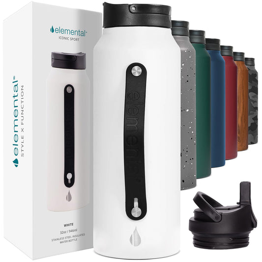 Elemental Iconic Stainless Steel Water Bottle with Straw - 32 oz Leak Proof Triple Wall Insulated Water Bottles for Travel and Sports - Reusable Gym Water Bottle with 2 Straws - White