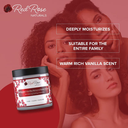 Red Rose Naturals Whipped Body Butter, Scented Vanilla Body Moisturizer 8 oz., Coconut Oil & Shea Butter for Sensitive, Dry Skin, Non-Greasy, Soft & Creamy, Natural Skincare for Women & Men – Vegan