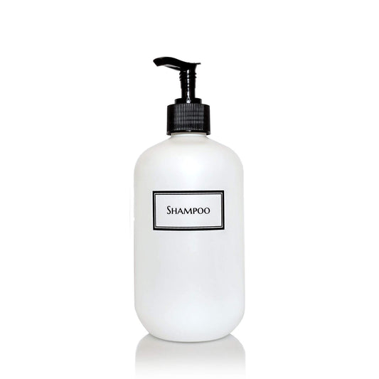Artanis Home Silkscreened Empty Shampoo Bottle, Squat 16 oz, White (Black Pump)