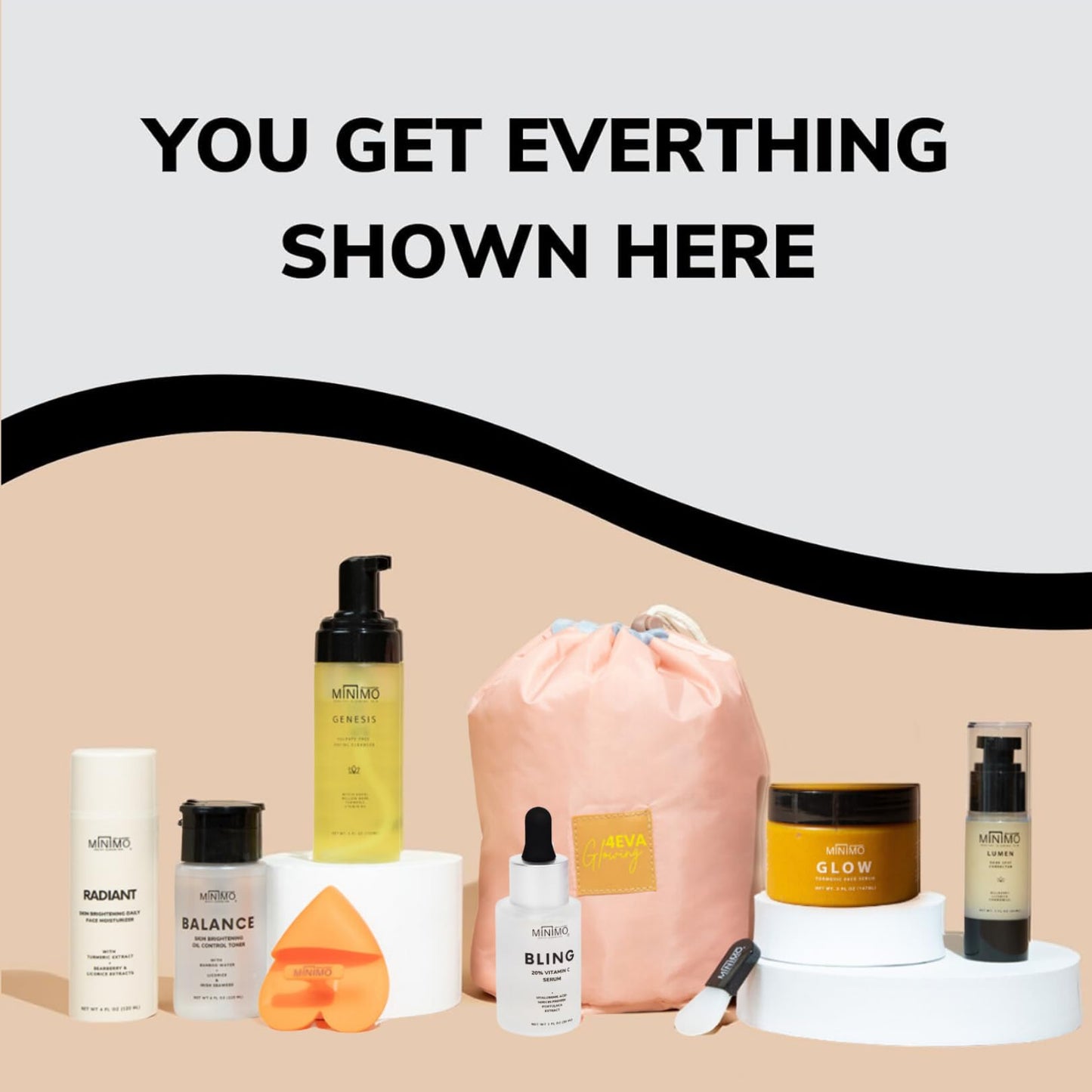 Minimo Skin Essentials Glow (Citrus Peach) Bundle Skin Care Routine | Skin Care System Face Wash, Scrub, Serum, Mask, Toner, Moisturizer & 2 Applicators | 60 Day Supply