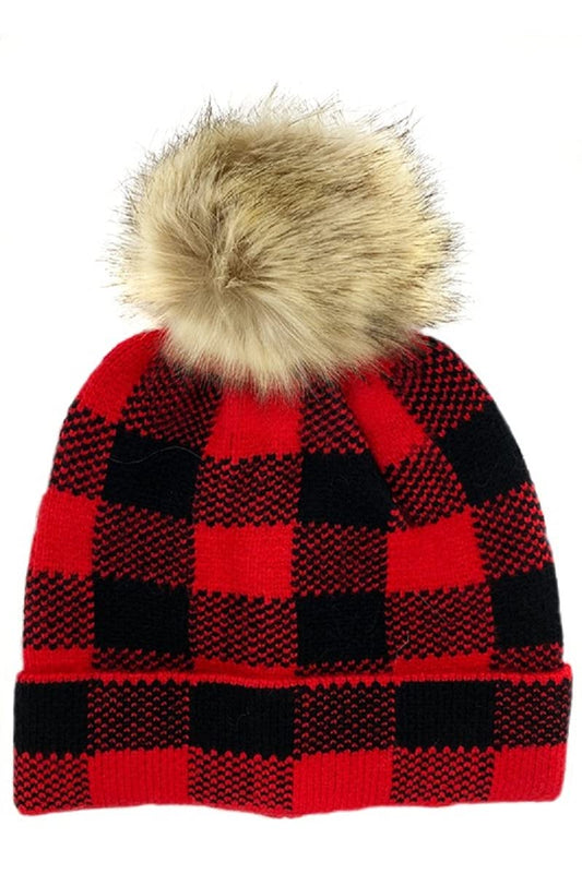 2Chique Boutique Women's Red and Black Pom Pom Beanie