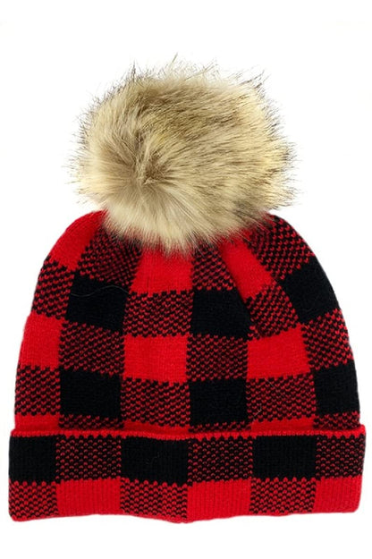 2Chique Boutique Women's Red and Black Pom Pom Beanie