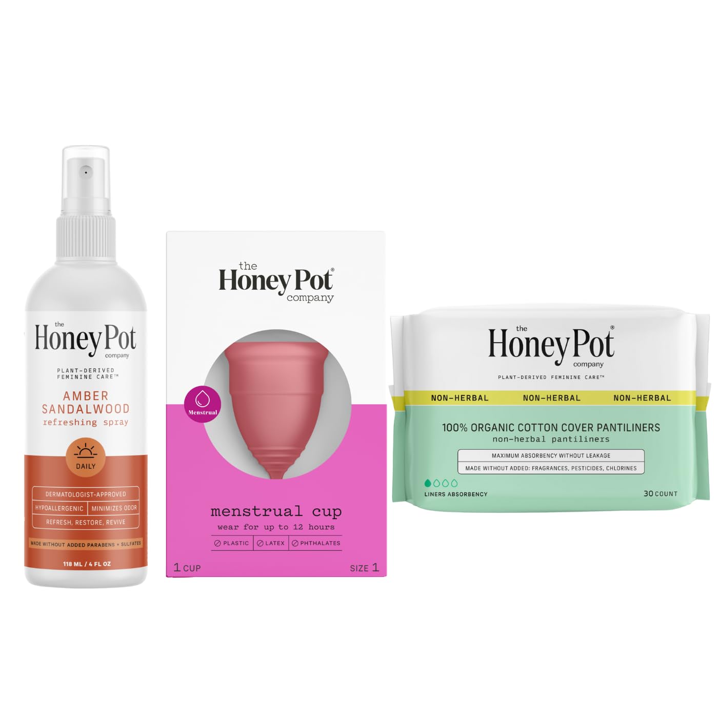 The Honey Pot Company - Amber Panty Spray, Size 1 Menstrual Cup, & Non-Herbal Liners Bundle - Natural Feminine Hygiene Products - Hypoallergenic - Sanitary Pads for Women - Feminine Care - FSA & HSA