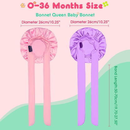 BONNET QUEEN Baby Bonnet Kids Bonnet Infant Satin Silk Hair Bonnets for Girls Newborn Infants with Tie Band Bow 6-12 Months 2Pcs Pink+Purple