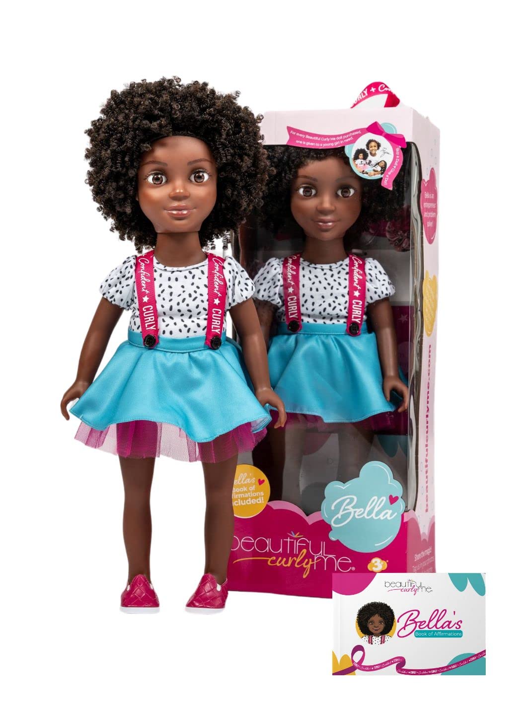 Beautiful Curly Me Bella 18 inch Natural Curly Hair Black Doll, Medium Brown Skin Tone, African American Doll with Curls and Includes Book of Affirmations