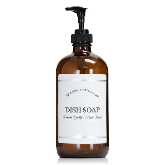 Artanis Home Amber Refillable Dish Soap Dispenser with Pump for Kitchen Sink - Glass Boston Round Dish Detergent Bottle - Waterproof Label - 16 oz