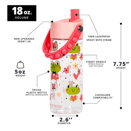 Elemental Leak Proof Water Bottles for Kids - Splash Kids Water Bottle for School with Pop-it Handle - Tritan Plastic Water Bottle with Straw - Fancy Frog Clear & Rose - 18oz (2 Pack)