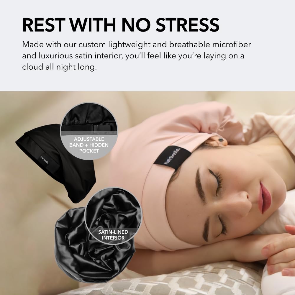 Hairbrella Satin Lined Adjustable Sleep Cap - Sleeping Caps for Women to Protect Hair, Satin Band Edge, Silk Bonnet Blush