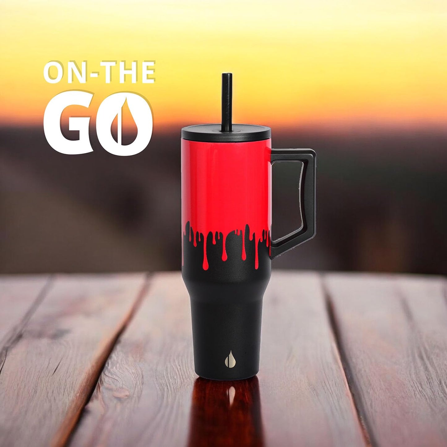 Elemental 40 oz Tumbler with Handle and Straw - Spill Proof Insulated Stainless Steel Commuter for Hot and Cold Beverages - Travel Coffee Mug with 2 Straws & Spill Proof Lid - 40oz - Sanguine Drip