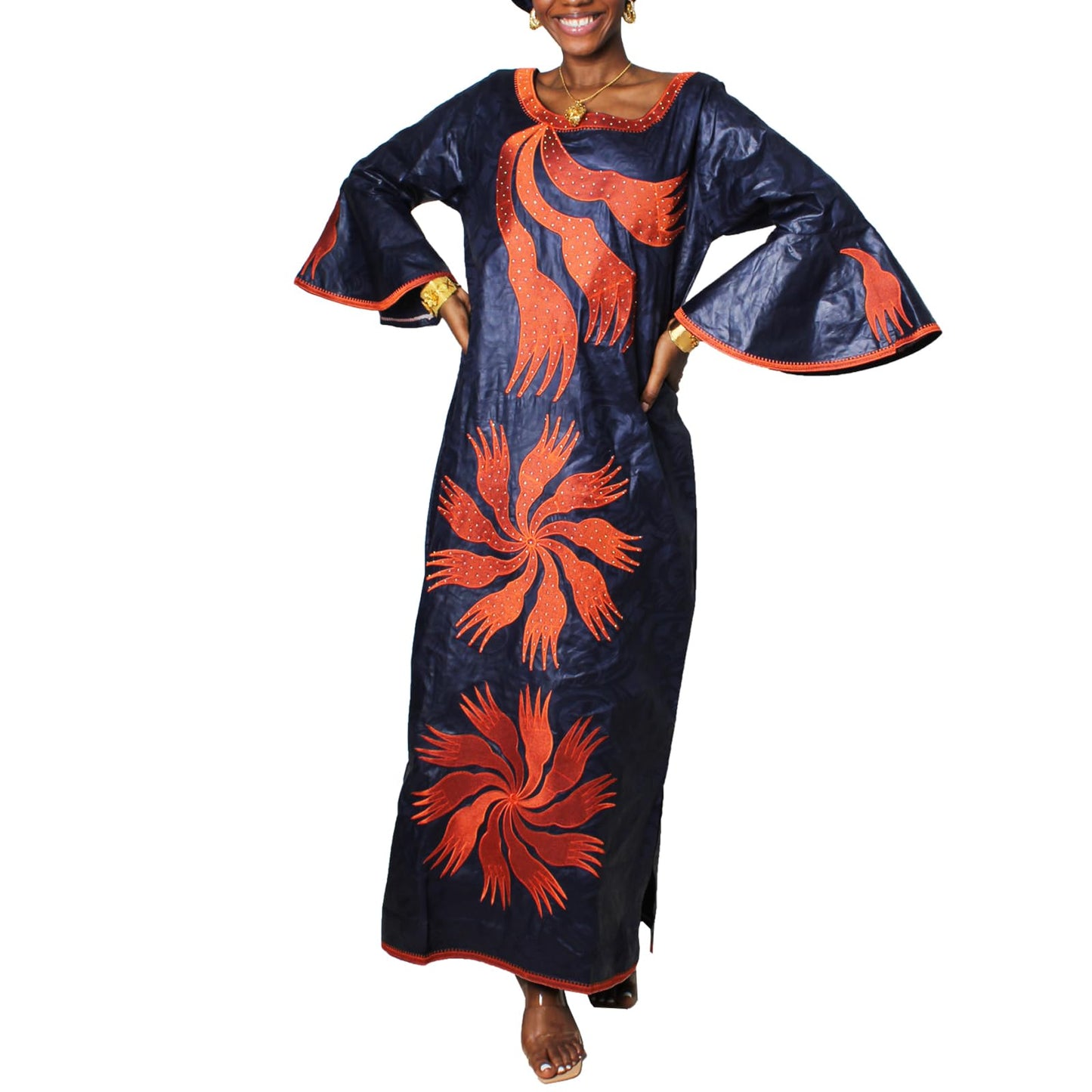 TIDOIRSA African Dresses for Women, 3/4 Sleeves Jacquard Fabric Wedding Dress with Scarf (5XL, Navy blue)