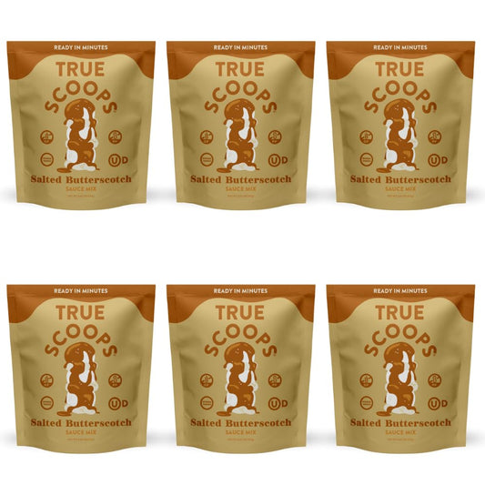 True Scoops 6-Pack Salted Butterscotch Sauce Mix. Add One Ingredient - Half & Half! Makes 1 Cup of Sauce. Made With Real Dark Brown Sugar. Gluten-Free, Peanut-Free, and Kosher. (131g ea)