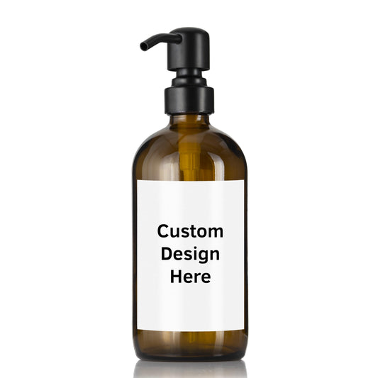 Artanis Home Customized Refillable Amber Glass Soap Dispenser Bottle, Personalized Label for Hand Soap, Dish Soap, Shampoo, etc., Pump Dispensers for Vacation Properties and Homes, Black Satin Steel