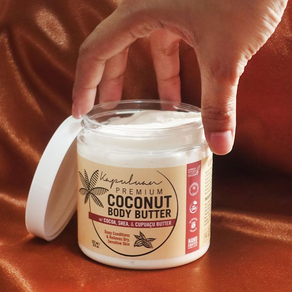 Kapuluan Coconut Body Butter for Women Dry Skin, Body Butter with Raw Coconut Oil, Cocoa Butter, Shea Butter & Cupuaçu Butter, Body Cream Whipped Body Butter for Women (Coconut Scent)