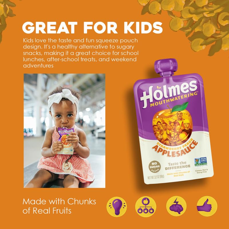 Holmes Mouthwatering Applesauce, Applesauce Squeeze Pouch, Organic Strawberry Applesauce Pouches with Real Chunks of Fruit, No Artificial Flavors Fruit Snack (Strawberry Peach, 12 Pack of 3.2 oz)