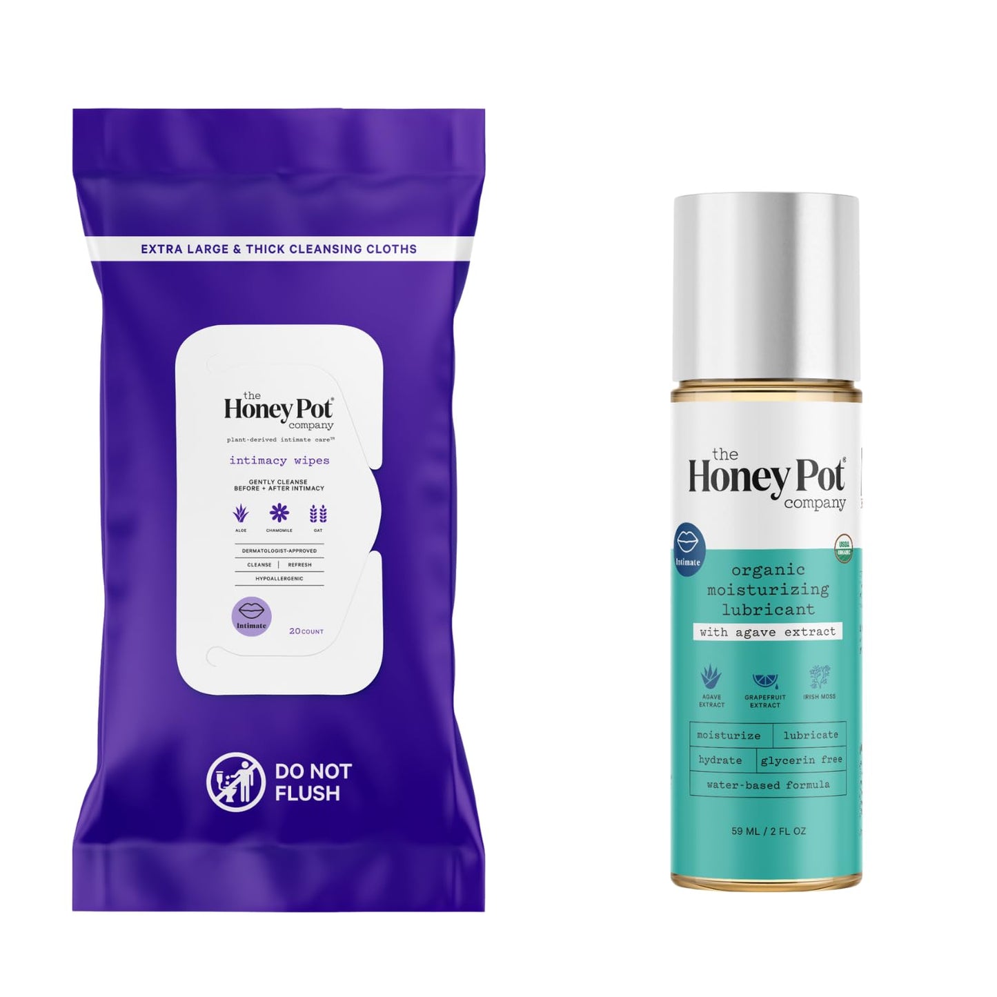 The Honey Pot Company - Intimacy Cleansing Wipes & Organic Lube w/Agave Extract Bundle - pH Balancing & Paraben Free - Feminine Products - Perfect for Women and Couples. Lubricants for Privacy