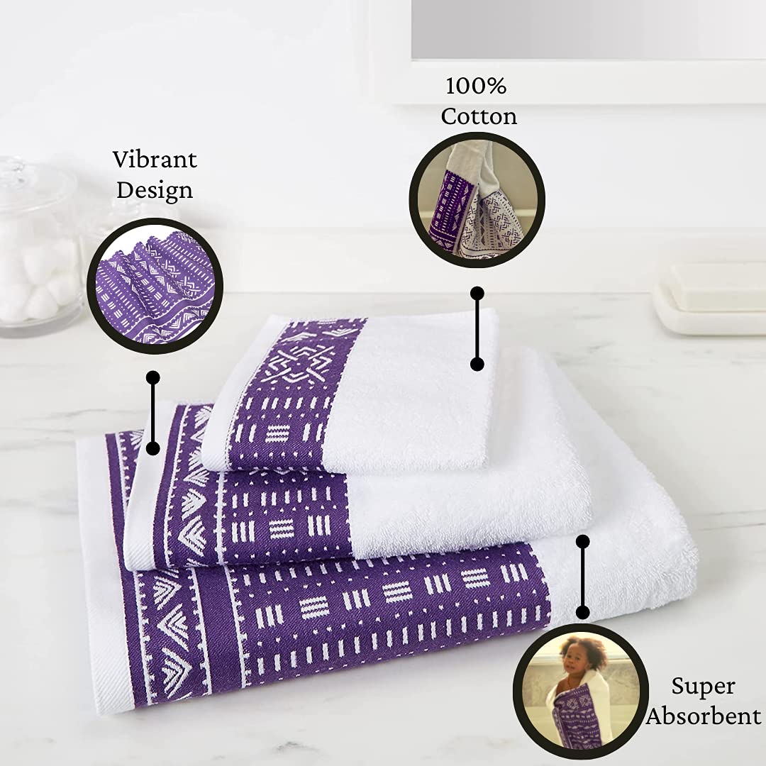 Eclipse Home OBI-Royal Purple Bathroom Towel Set - Pure Cotton Bath Towels - Soft, Fluffy Super Absorbent Cloths for Shower, Beach - African Mud Cloth Patterned - Set of 3 Luxury Bathroom Towels