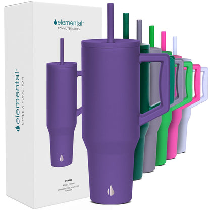 Elemental 40 oz Tumbler with Handle and Straw - Spill Proof Insulated Stainless Steel Commuter for Hot and Cold Beverages - Travel Coffee Mug with 2 Straws & Spill Proof Lid - 40oz - Purple
