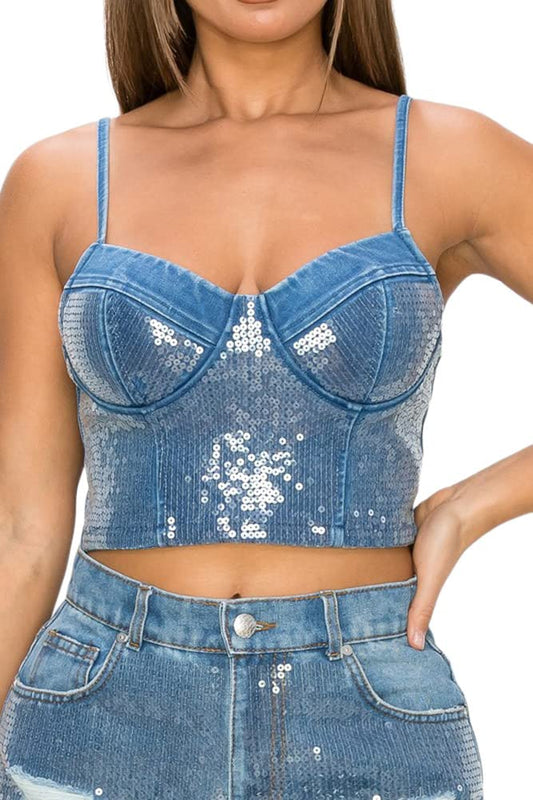 2Chique Boutique Women's Sequin Studded Denim Crop Top (as1, Alpha, s, Regular, Regular, Small)