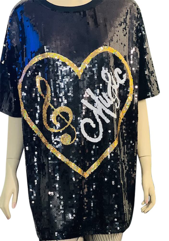 2Chique Boutique Women's Sequin T Shirt Dress Heart Music Treble Clef One Size Black Mini Dress