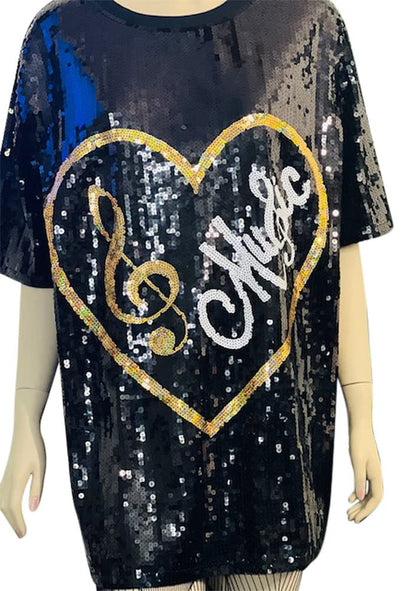 2Chique Boutique Women's Sequin T Shirt Dress Heart Music Treble Clef One Size Black Mini Dress