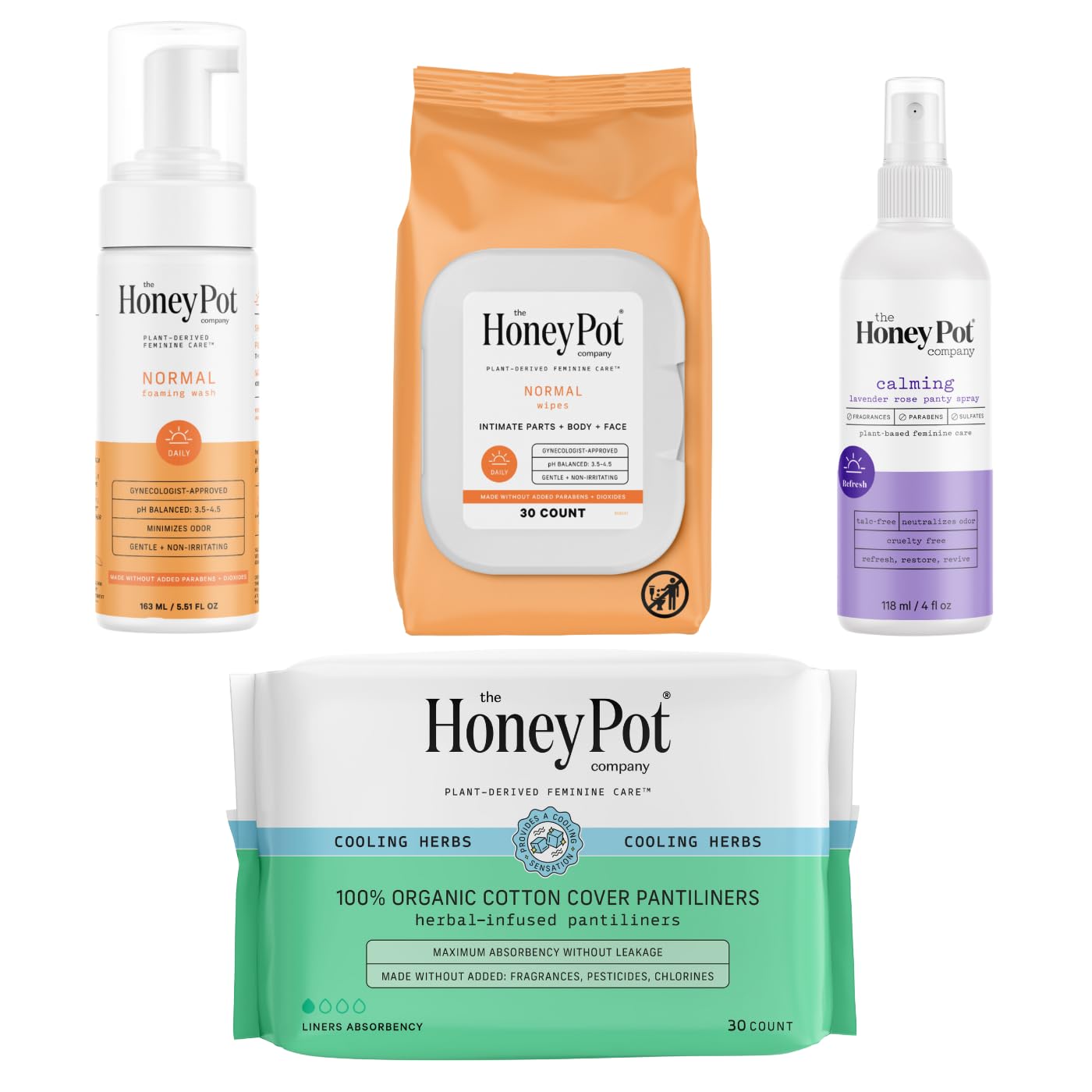 The Honey Pot Company - Feminine Wash & Wipes - Herbal Panty Liners for Women - Refreshing & Restorative Panty Deodorant Spray - Normal Daily Ritual Bundle - PH Balanced Plant Based Feminine Products