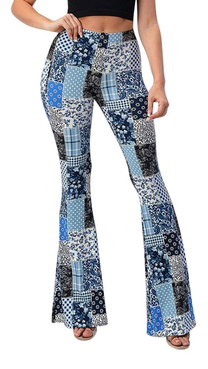 2Chique Boutique Women's High Waisted Floral Patchwork Print Bell Bottom Pants (Blue/Multi, Large)