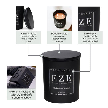 TERMINAL B Luxury Scented Candle, EZE - Buenos Aires: Black Currant & Amber, Travel Inspired Airport Coded Candle, 10.58 oz, 60 Hour Burn Time, Made in Los Angeles