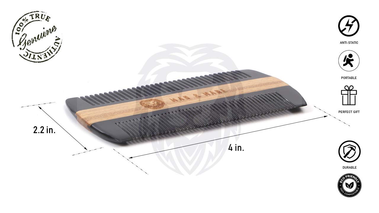 Premium Natural Ox horn and Sandalwood Beard Comb Dual-Action | Double Sided Beard & Mustache Comb with Brown Protective Case | Perfect Grooming Companion & Gift for Men – by Man & Mane
