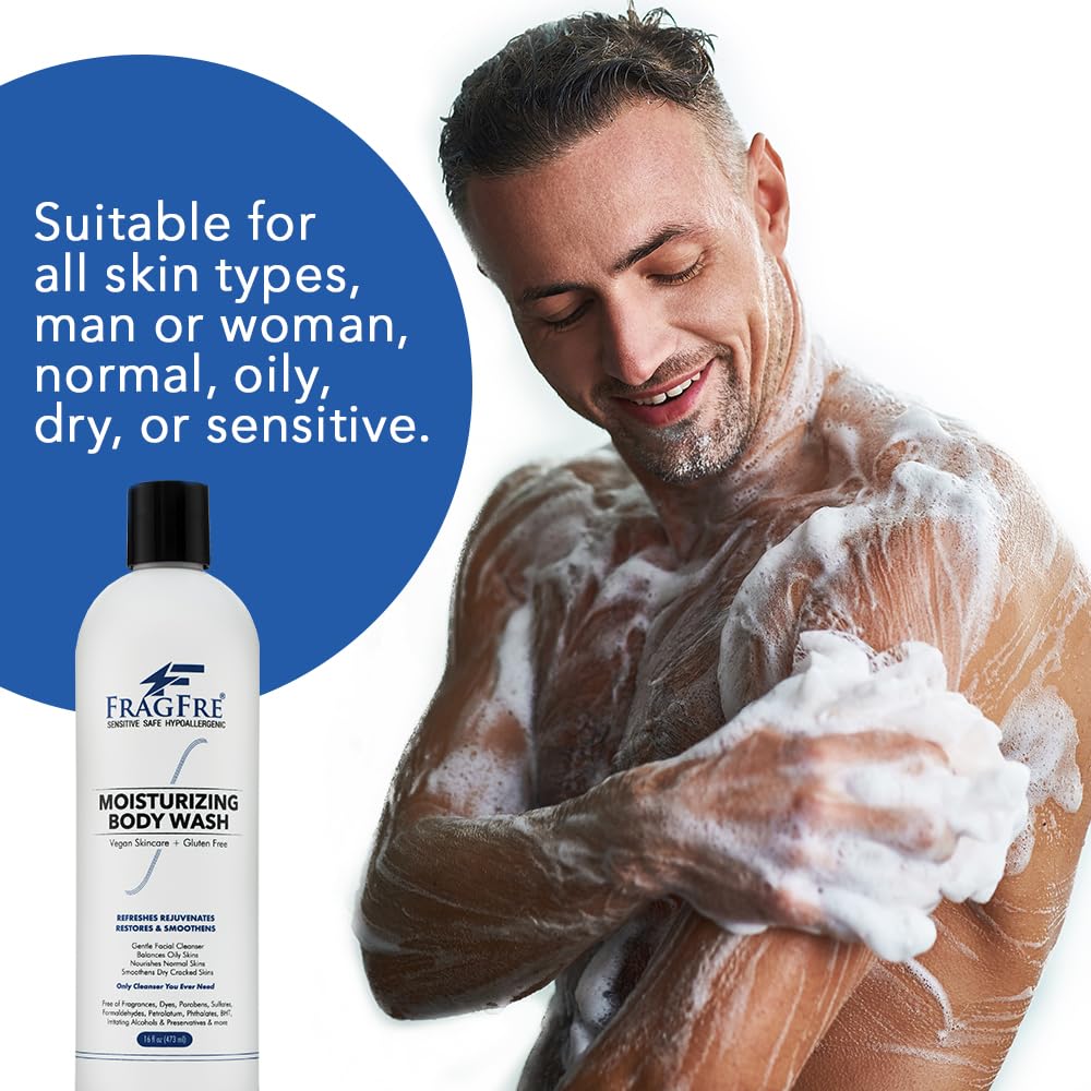 FRAGFRE Moisturizing Body Wash 16 oz: Gentle Body and Facial Cleanser - Sulfate-Free and Fragrance-Free - Suitable for Normal, Oily, Dry, and Sensitive Skin Types - Vegan, Gluten-Free, and Cruelty-Free - Unscented and Hypoallergenic (1 Pack 16 oz)