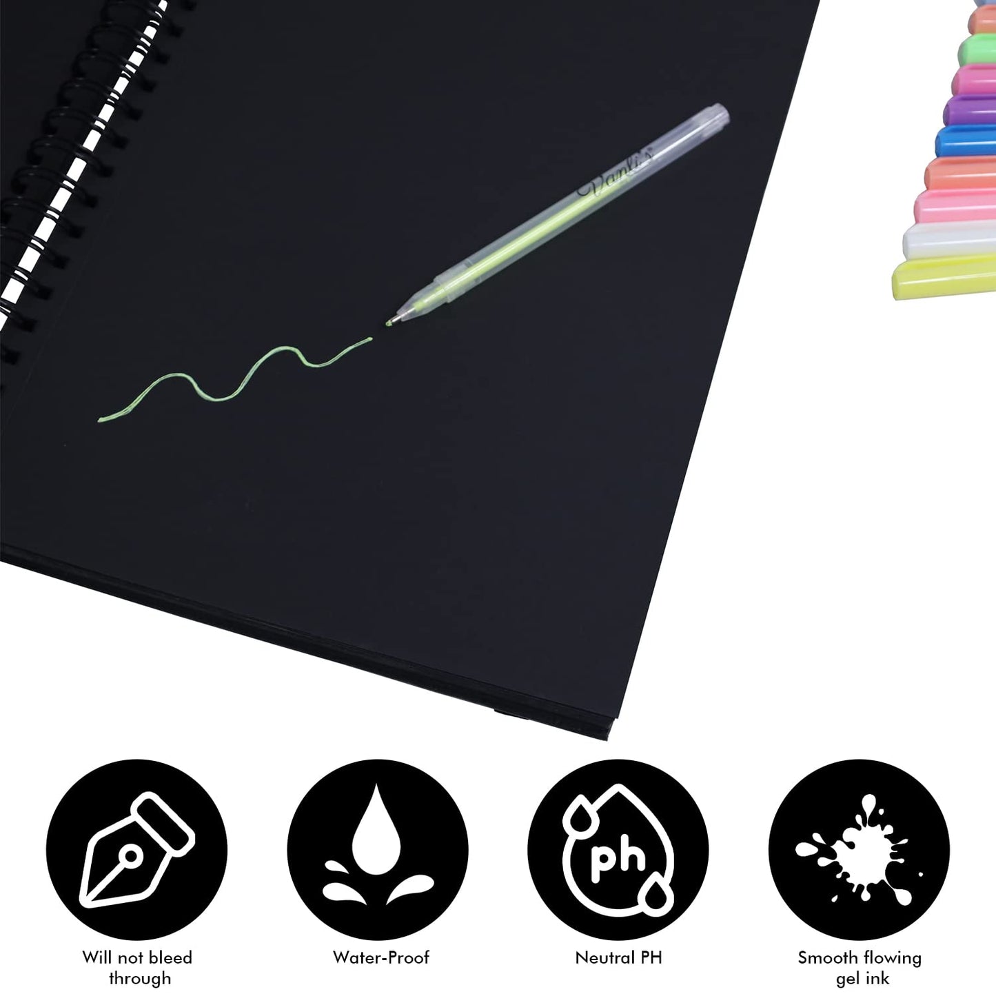 Vanli's Hardcover Black Paper Sketchbook & 12 Pack Ball Point Gel Pens Set - 2 White & 10 Colorful Pens for Drawing, Sketching, & Journaling. 9" x 12" Spiral Bound, Acid Free Black Art Paper