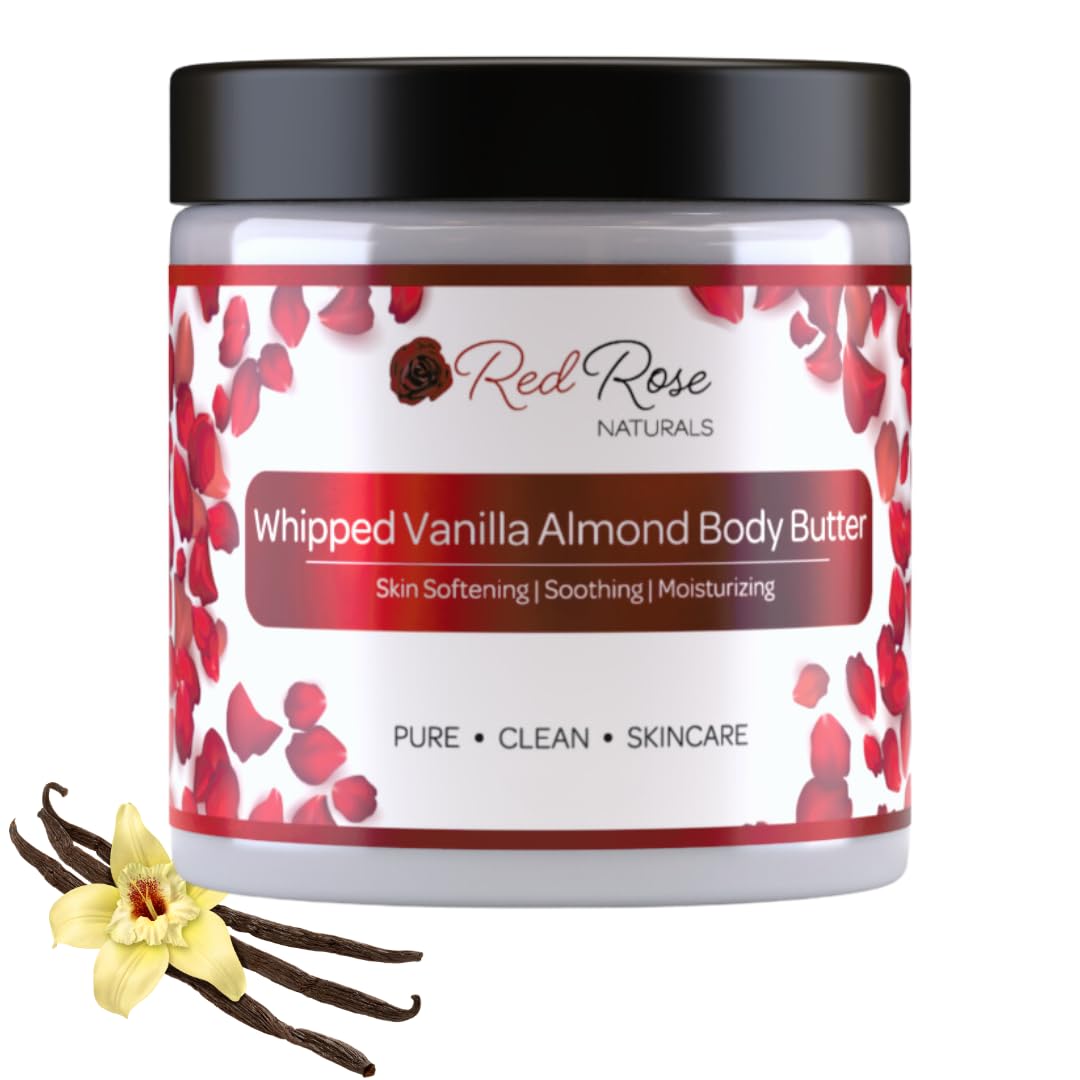 Red Rose Naturals Whipped Body Butter, Scented Vanilla Body Moisturizer 8 oz., Coconut Oil & Shea Butter for Sensitive, Dry Skin, Non-Greasy, Soft & Creamy, Natural Skincare for Women & Men – Vegan
