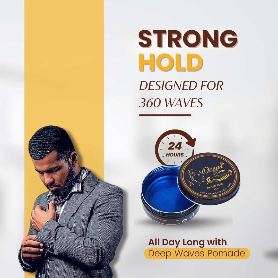 OCEAN VIEW DEEP WAVES POMADE- Water-Based Hair Cream for 360 Wave Training and Wolfing- Silky Smooth Application and Styling, Strong Hold, Easy Wash- Waver and Barber Accessories - 4oz Tin Can