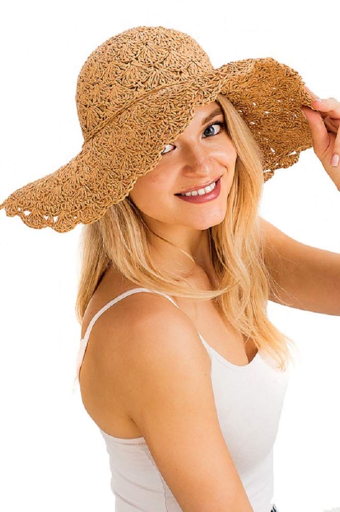 2Chique Boutique Women's Straw Flower Handmade Knitted Floppy Sun Hat (Tan)