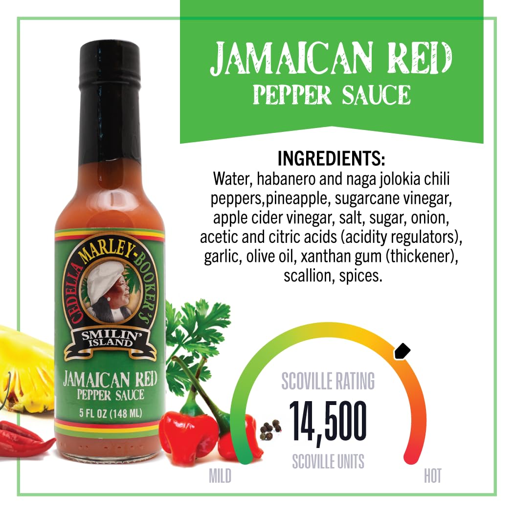 Smilin Island's Jamaican Red Hot Sauce with Habanero, Naga Jolokia Peppers and Pineapples 1Bottle 5oz by Cedella Marley Booker