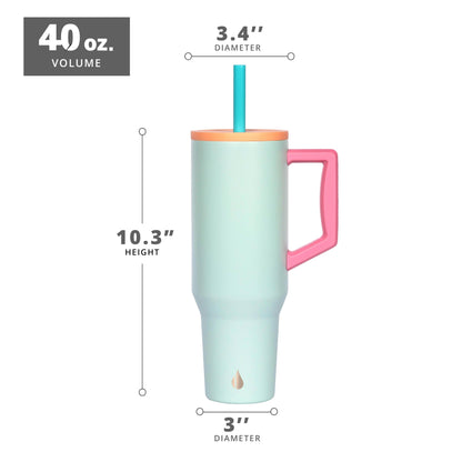 Elemental 40 oz Tumbler with Handle and Straw - Spill Proof Insulated Stainless Steel Commuter for Hot and Cold Beverages - Travel Coffee Mug with 2 Straws & Spill Proof Lid - 40oz - Mint Sorbet