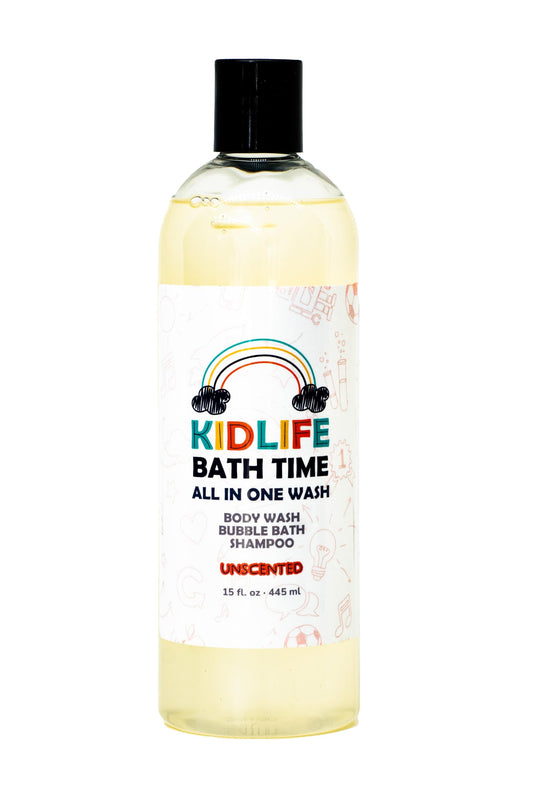 KJ3 Essentials Kidlife Natural Bath Time 3 In 1 Shea & Organic Aloe Body Wash Kids Head to Toe All in one Bath and body Soap. Bubble Bath, Bodywash and Shampoo (Unscented Soap, 15 oz)