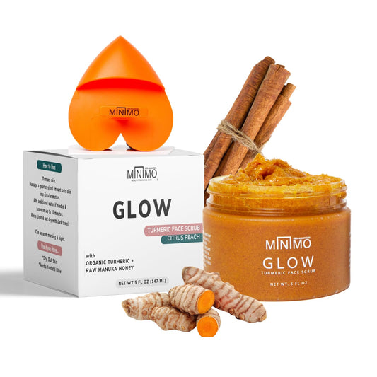 Minimo Glow Turmeric Face Scrub (Citrus Peach) With Heart Applicator - Infused with Turmeric, Manuka Honey, Cinnamon, and Chamomile - Turmeric Glow Face Scrub for All Skin Types - 5 FL OZ (147 ML)