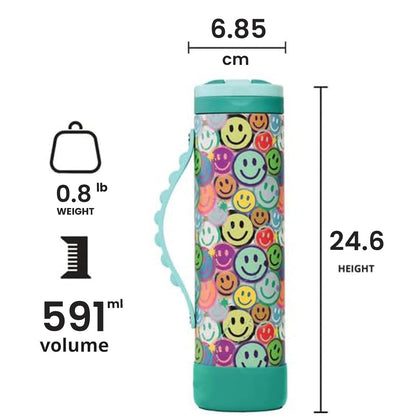 Elemental Iconic Kids Water Bottle with Straw Lid & Stress Reliever Pop It Handle, Leak-Proof When Closed, Triple Insulated Stainless Steel Reusable Thermos Water Bottle, 20oz -Graffiti Smile